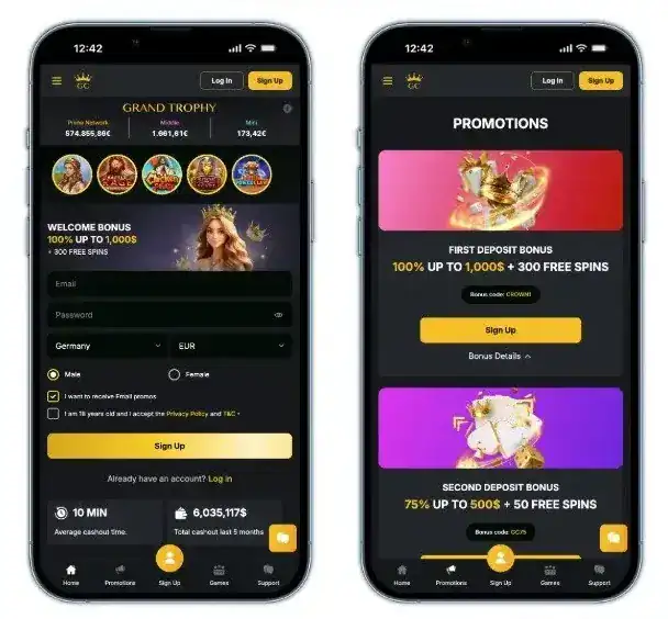 Mobile pokies gameplay on iPhone showing casino lobby and promotions